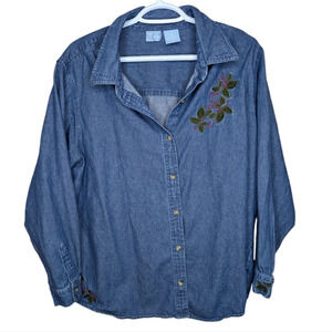 Holiday Editions Denim  Button Down Christmas Holly Embroidered Top 1X